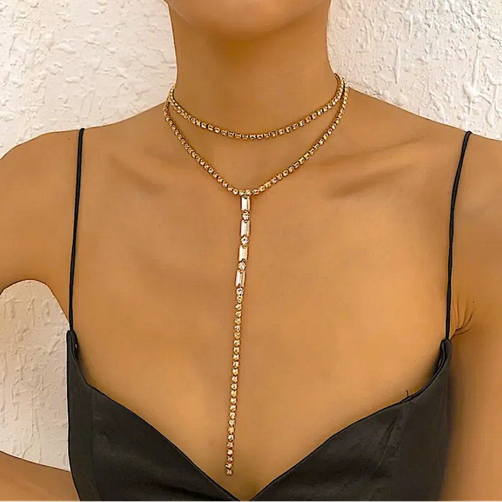 Gold Crystal Y Lariat Choker Rhinestone Drop Tassel Necklace